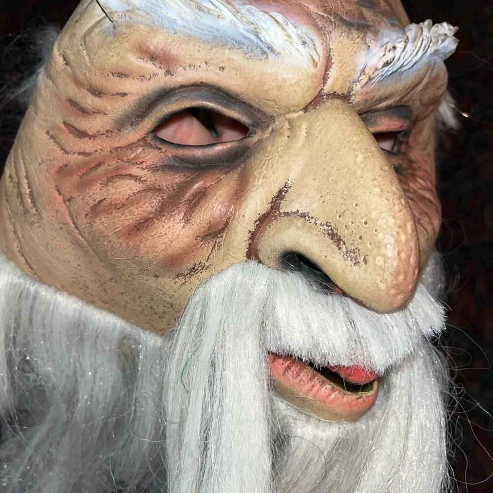 Vintage 2003 OLD MAN Mask WIZARD Full Head White Hair Beard Pointed Elf Ears VTG